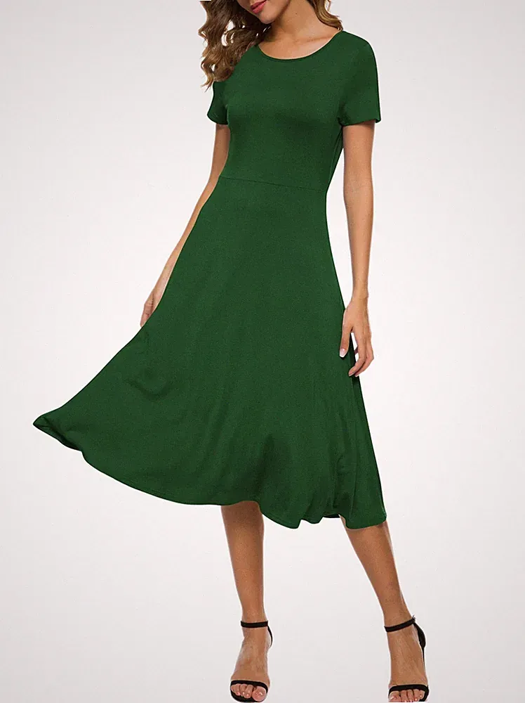 Damen Casual Rundhals A-Linie Kurzarm Midi Kleid Sommer Stretchy Knie Langes...