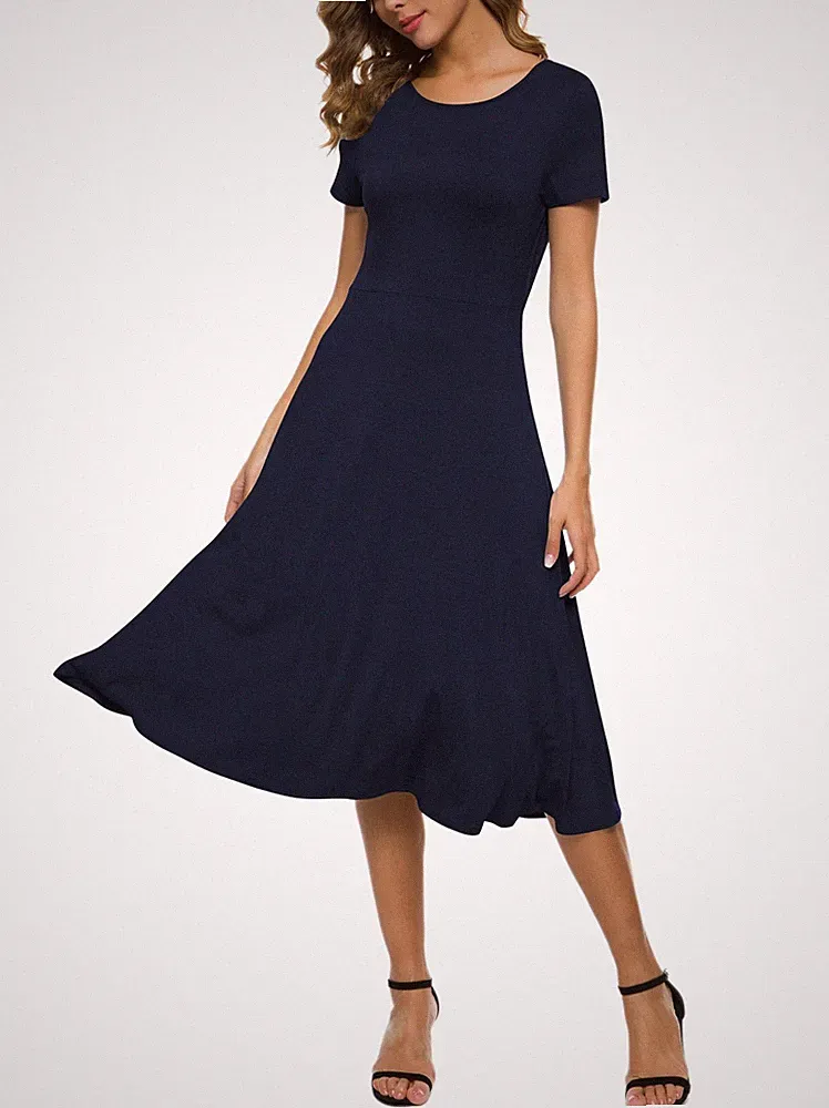 Damen Casual Rundhals ALinie Kurzarm Midi Kleid Sommer Stretchy Knie Langes F...