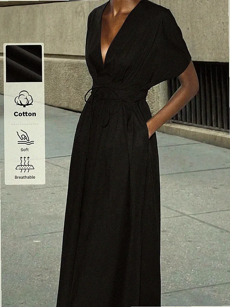 Damen Casual Schwarzes Wickel A Linie Langes Kleid mit Fledermausärmeln