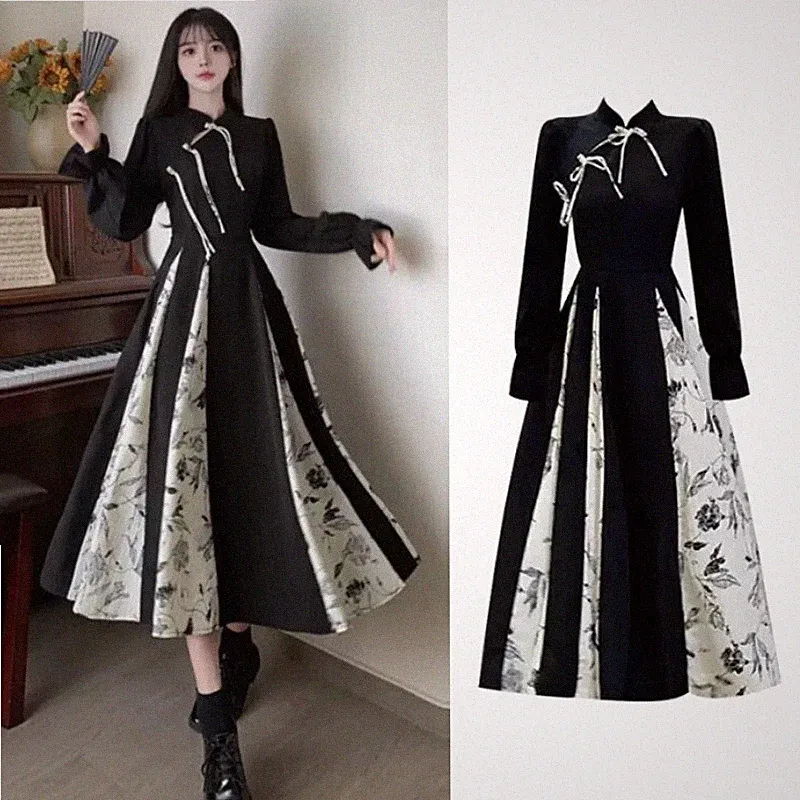 Damen Cheongsam Kleid Retro Gothic Blumen Splicing A-Linie Midi