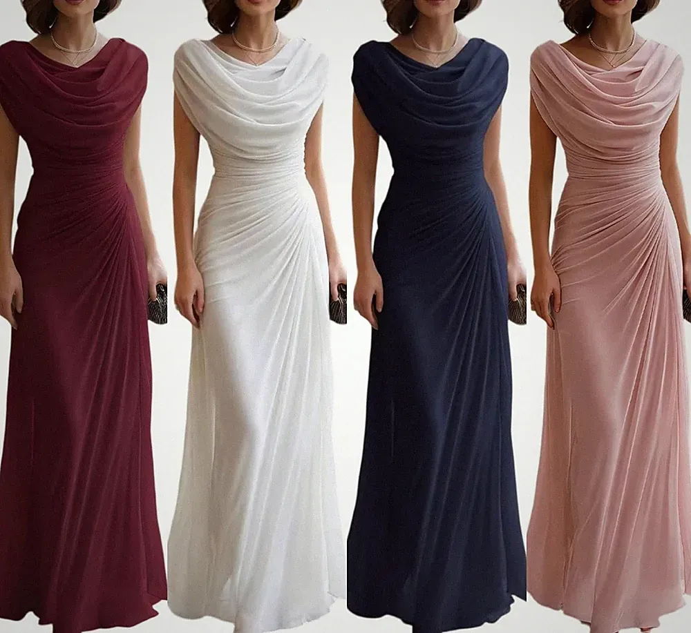 Damen Chiffon Abendkleid Kurzarm Drapierter Kragen Tailliert für Hochzeitsgäste