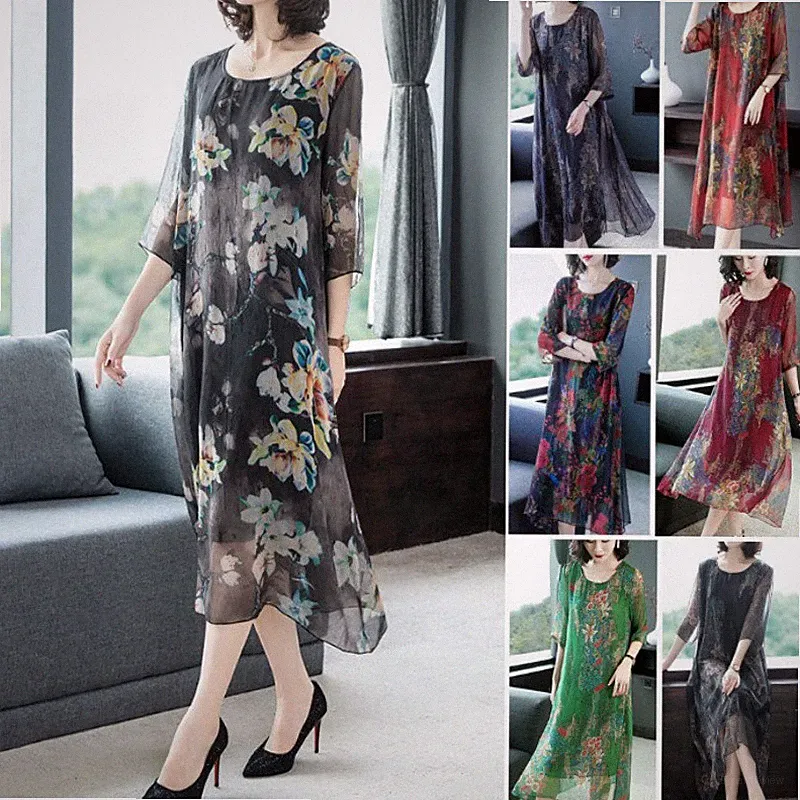 Damen Chiffon Aufdruck Midikleid Halbe Ärmel Freizeit Locker A-Linie Retro Ethno