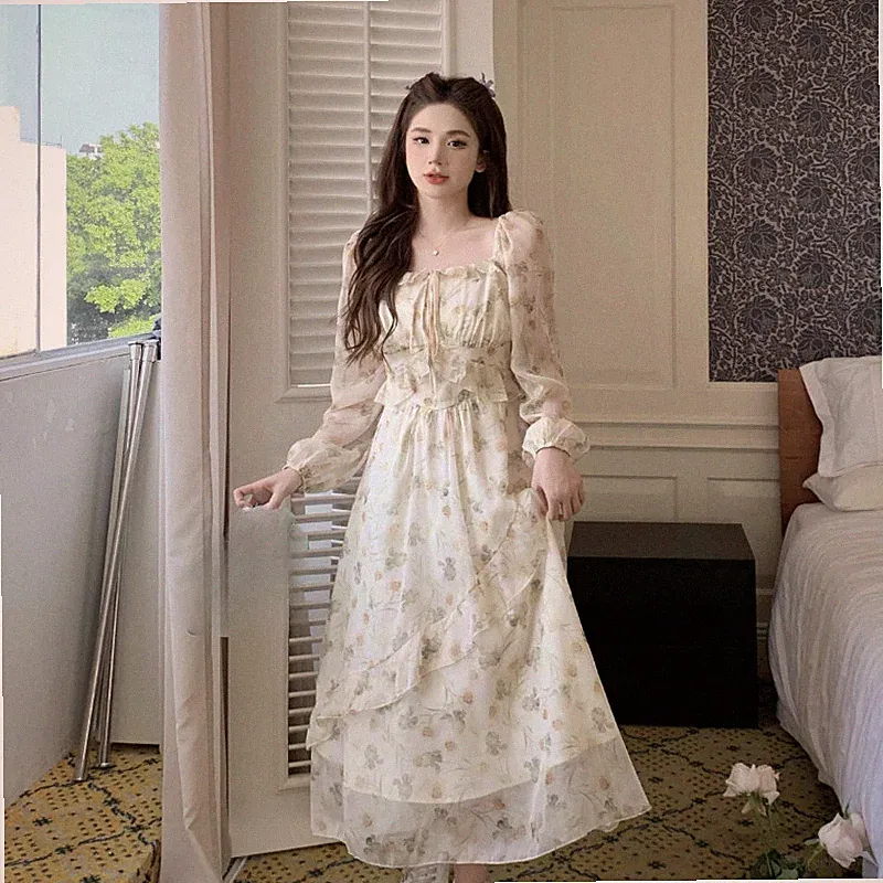 Damen Chiffon Blumenmuster Kleid Langärmlig Eckiger Ausschnitt Abgestuft Rüschen