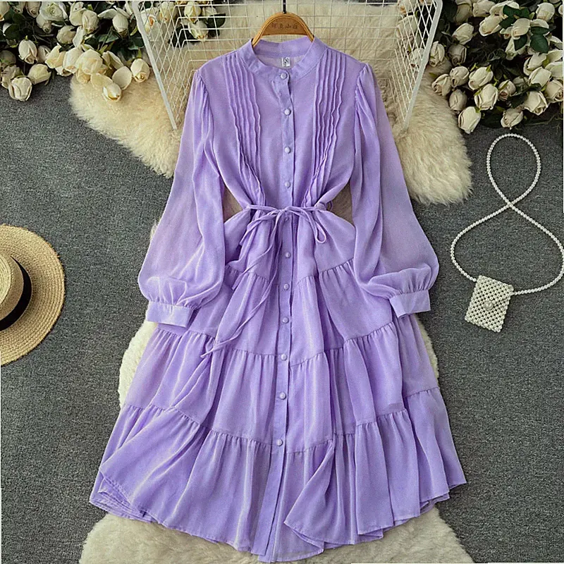 Damen Chiffon Hemd Kleid Langarm Rüsche Gerafft Unifarben Dünn Midi Party Urlaub