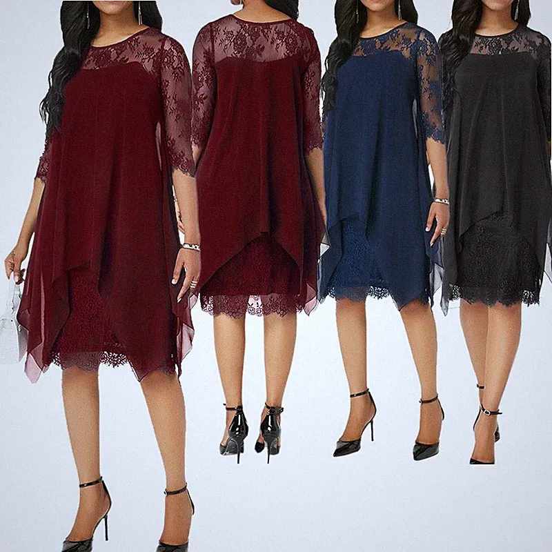 Damen Chiffon Partykleid Sommerkleid Abendkleid Cocktailkleid Spitze knielange