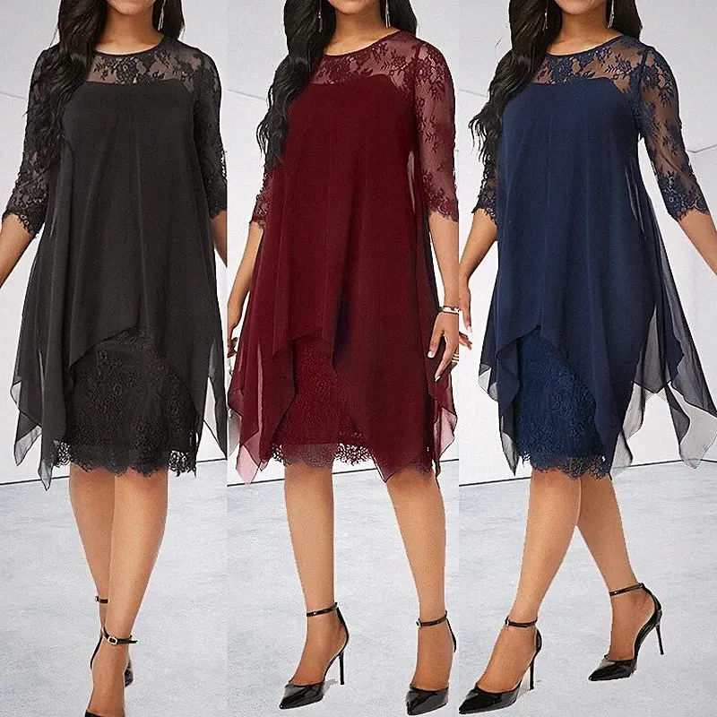 Damen Chiffon Partykleid Sommerkleid Abendkleid Midi Cocktailkleid 3-in-1-Look