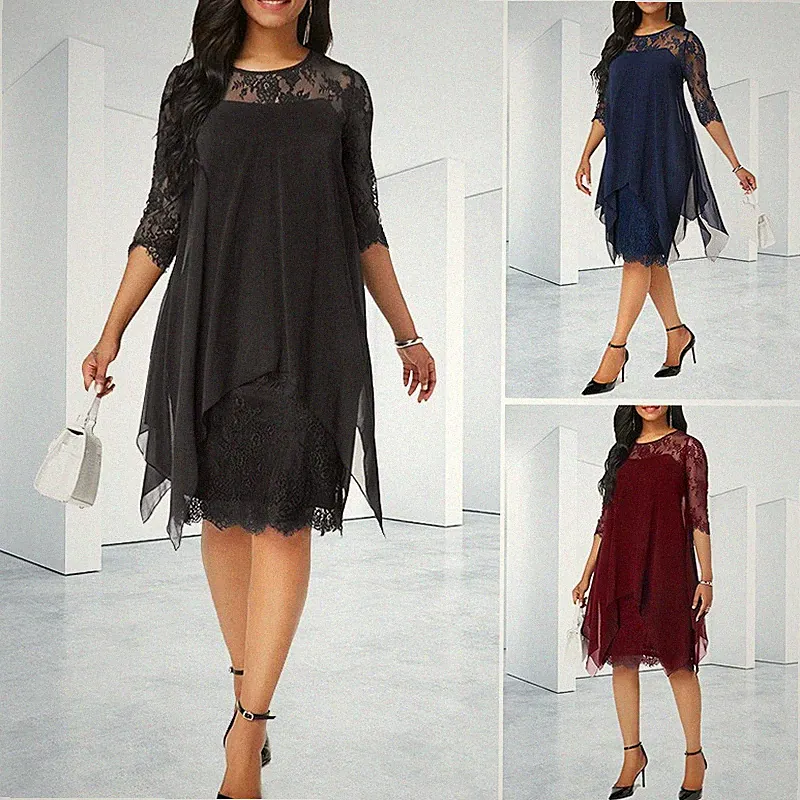Damen Chiffon Partykleid Sommerkleid Abendkleid Midi Cocktailkleid Spitzenärmel