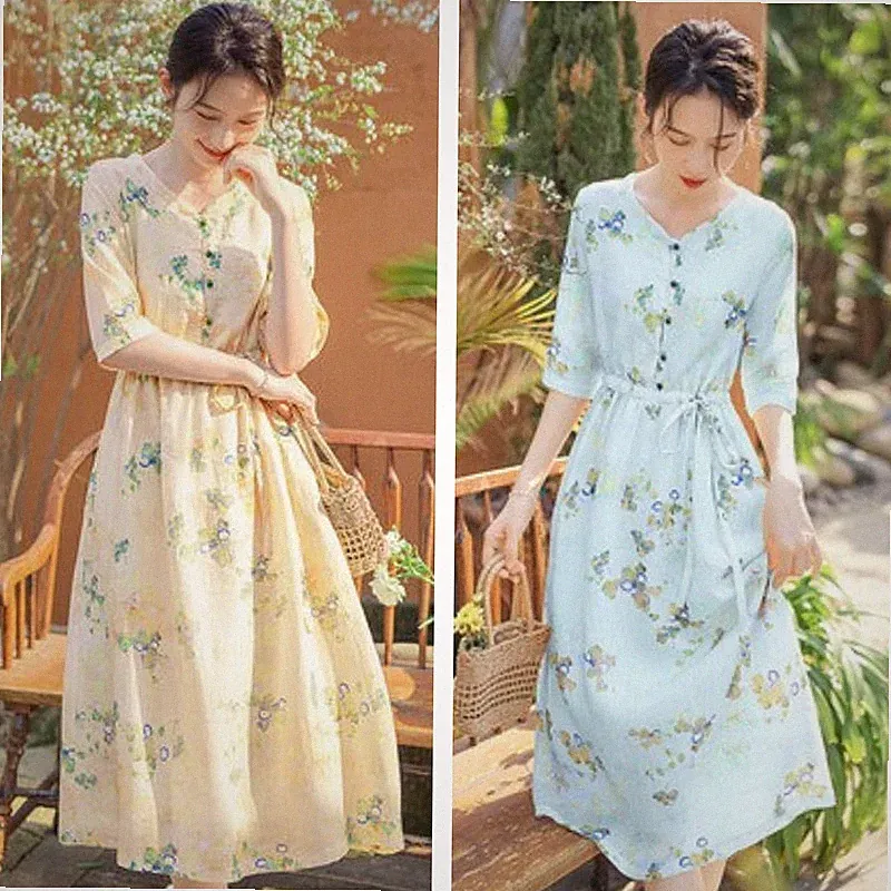 Damen Chinese Ethno Kleid Halbarm Blumenmuster Kordelzug A-Linie Blau