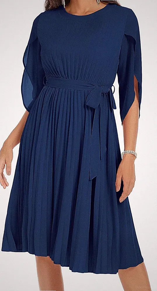 Damen Cocktailkleid Plissee Chiffon Kleid 3/4 Arm A Linie Rundhalsausschnitt