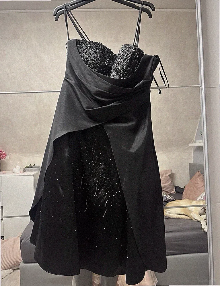 Damen Cocktailkleid Schwarz M kurz A-Linie Glitzer Herz-Ausschnitt Schnürung