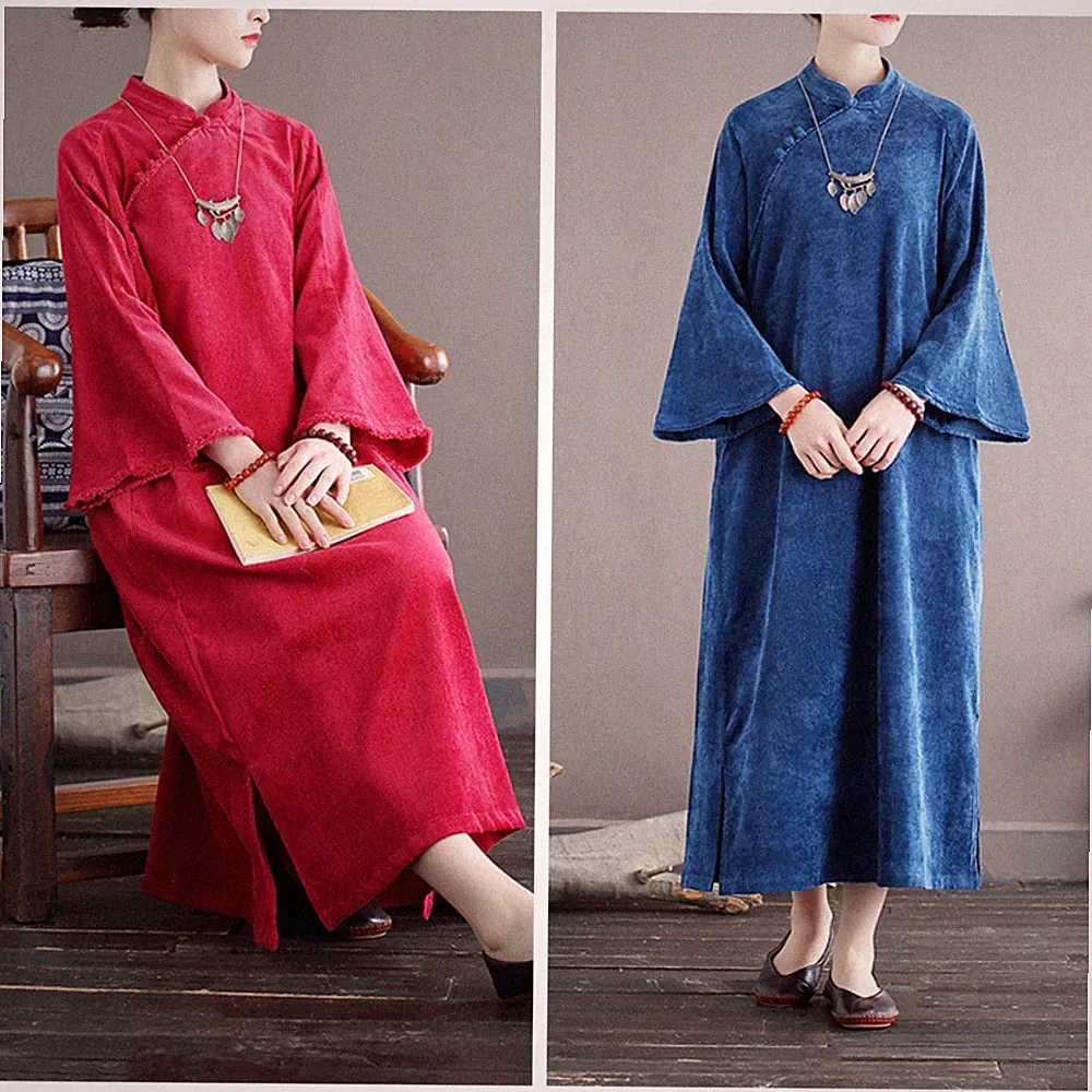 Damen Cord Kleid Retro Cheongsam Qipao Lang Ethno Slim Chic Chinesisch Vintage