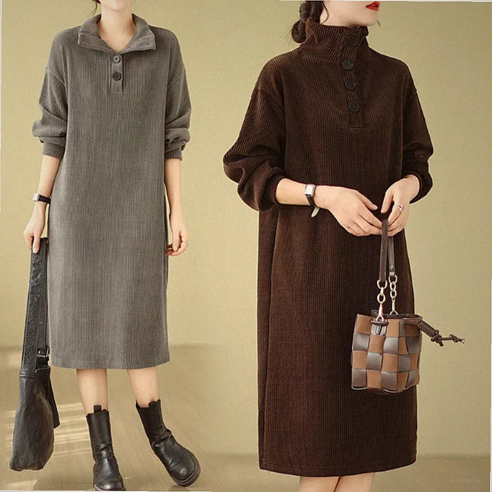 Damen Cordkleid Hoher Kragen Langarm Rollkragen A-Linie Retro Midi Warm