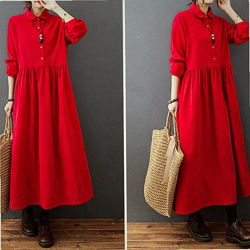 Damen Cordkleid Lang Retro Big Swing Lässig Warm A-Linie Locker Knopf XL