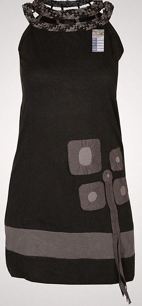 Damen Cut-Out-Ausschnitt ärmellos Sommer Freizeit schwarz Baumwolle Patchwork Kleid