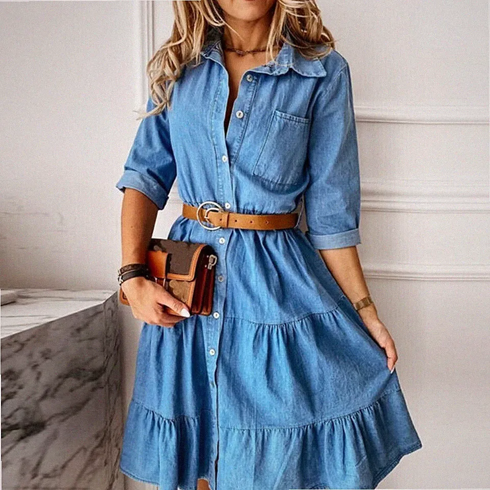 Damen Denim Midikleid A-Linie Hemdkleid Jeanskleid Freizeit Shirtkleid Kleid *