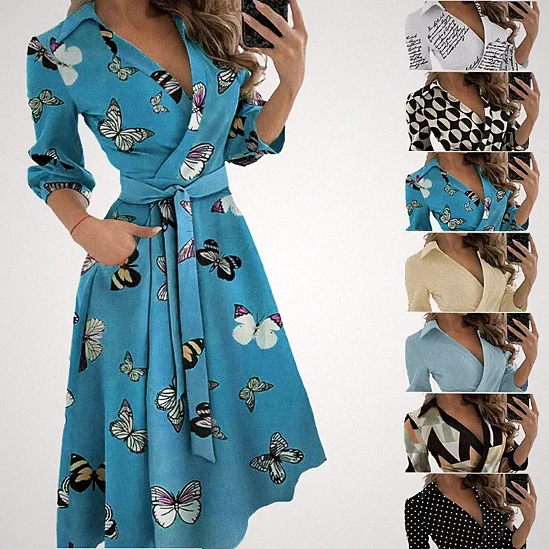 Damen Druck Wickelkleid V-Ausschnitt Mit Gürtel und Tasche A-Linien-Kleid Casual