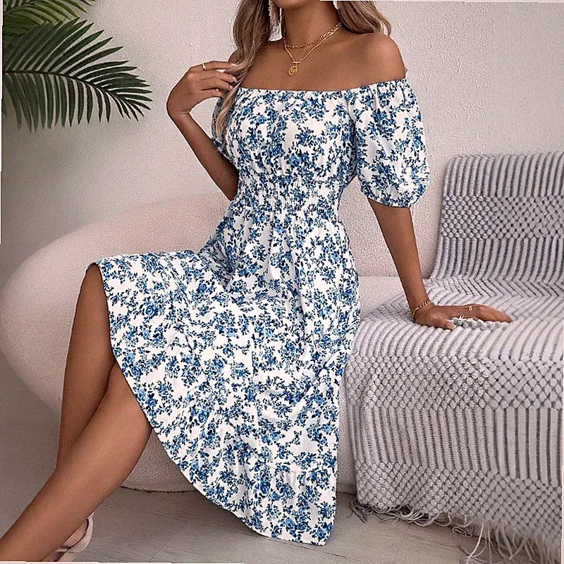 Damen Eckiger Ausschnitt Kleid Quaste Kurzärmelig Blumenmuster Rüschen A-Linie