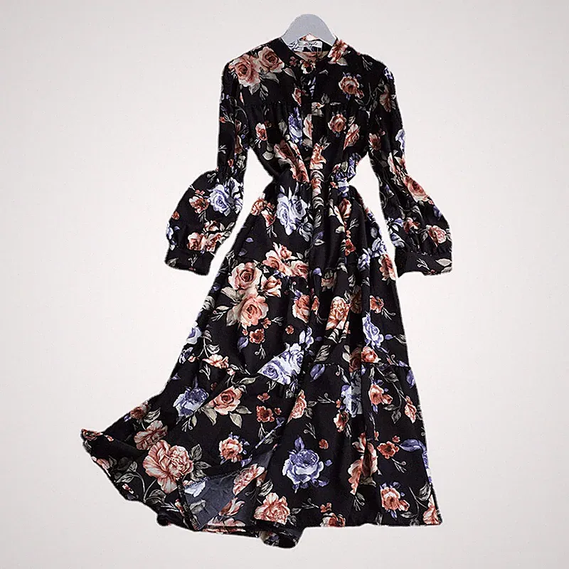 Damen Elegant Floral Muster Langes Kleid Laternenärmel Tailliert A-Linie Strand