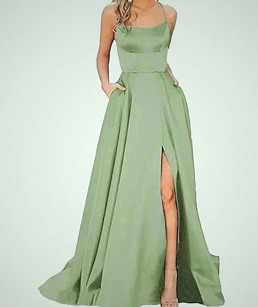 Damen Elegant Lange Ballkleider mit Taschen Satin ALinie Backless Hochzeitskl...