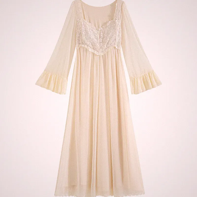 Damen Elegant Netz Spitze Fließend Swing Maxi Langärmliges Kleid A Line Strand