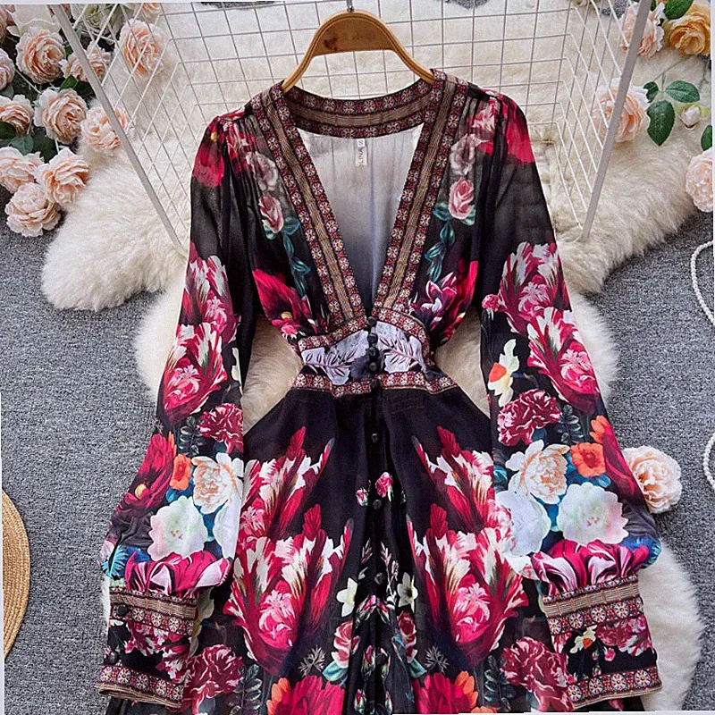 Damen Ethnisch Chiffonkleid Blumenmuster Langärmlig A-Linie Bademode Boho Sommer