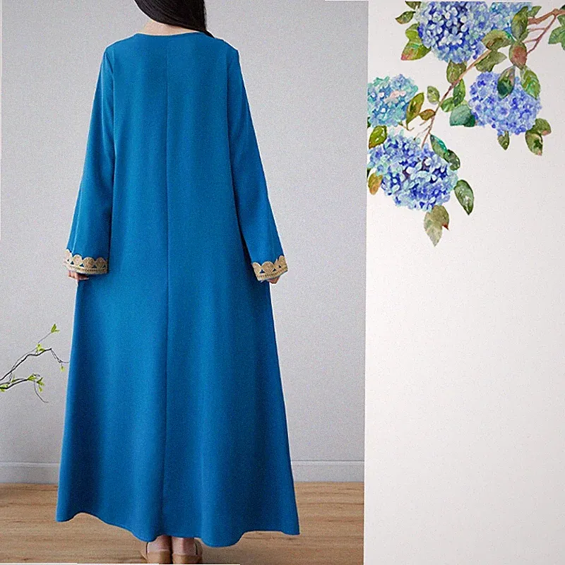 Damen Ethnisch Kleid Maxi Arabische Robe Bestickt Langärmlig V-Neck A-Linie Weit