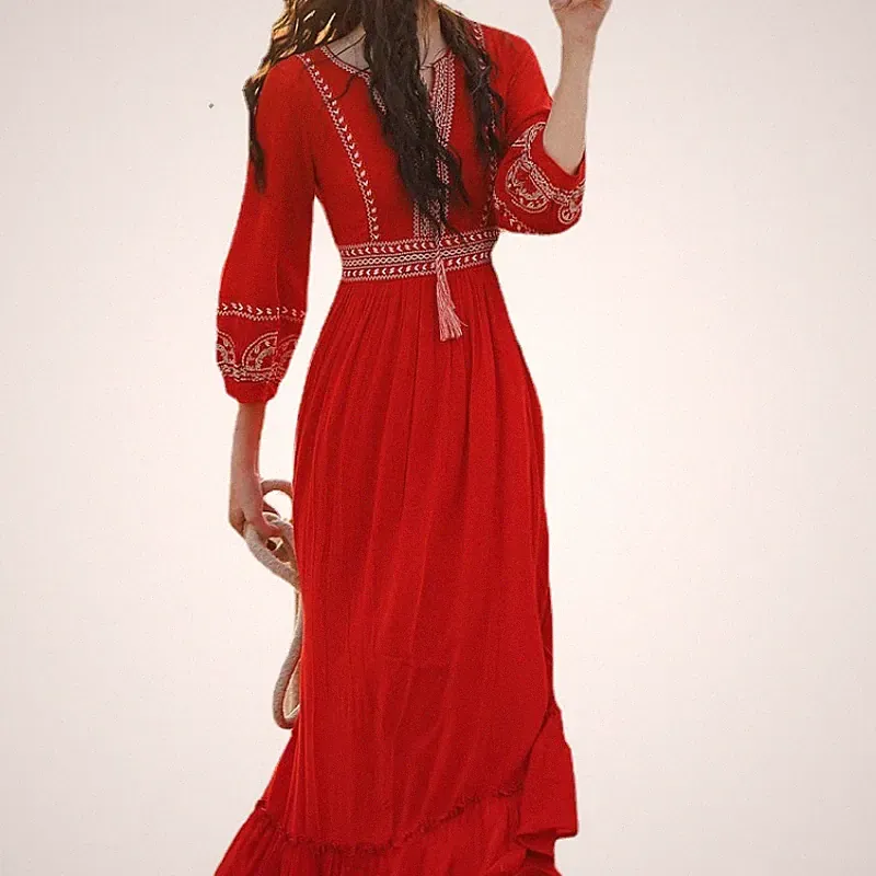 Damen Ethnisch Midi Kleid Stickerei Quasten A-Linie Swing Boho Beachwear Urlaub