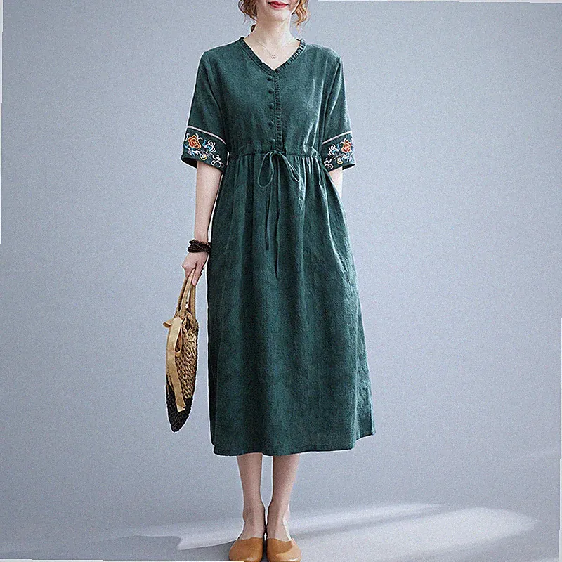 Damen Ethnisches Kleid Blumen Bestickt Kordelzug Midi Locker Sitzend Retro-Stil