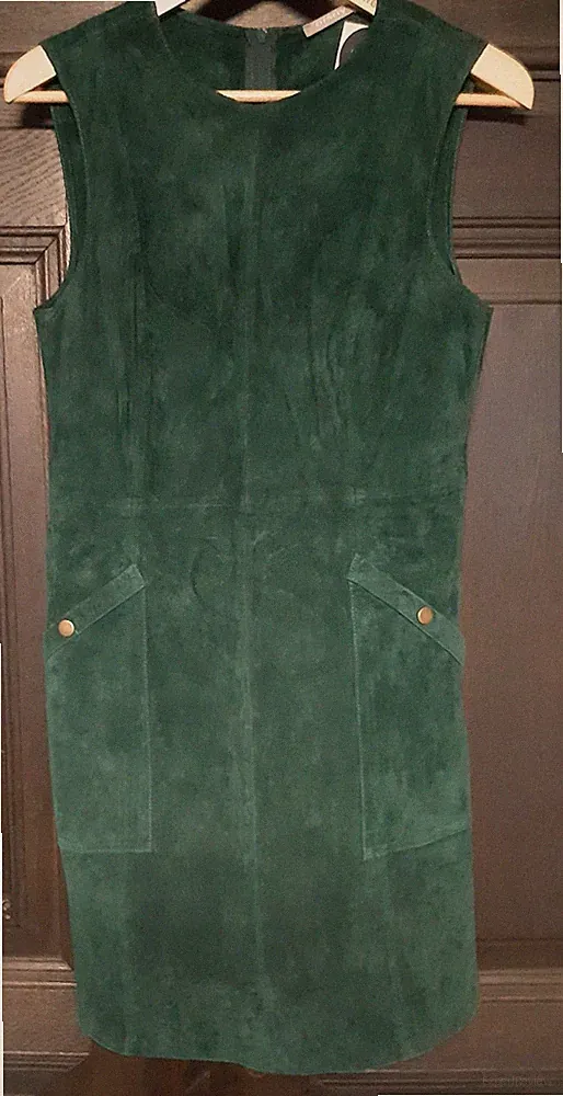 Damen Etui-Kleid ohne Arm Velourleder Orsay dunkelgrün neu Grösse 42