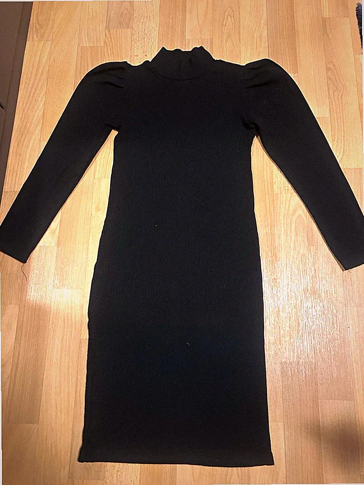 Damen Etui-Kleid Schwarz Unifarben Mock-Kragen Langarm knielang