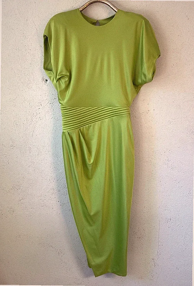 Damen Etui Midi Kleid grün unifarben Kurzarm Fledermausärmel tailliert