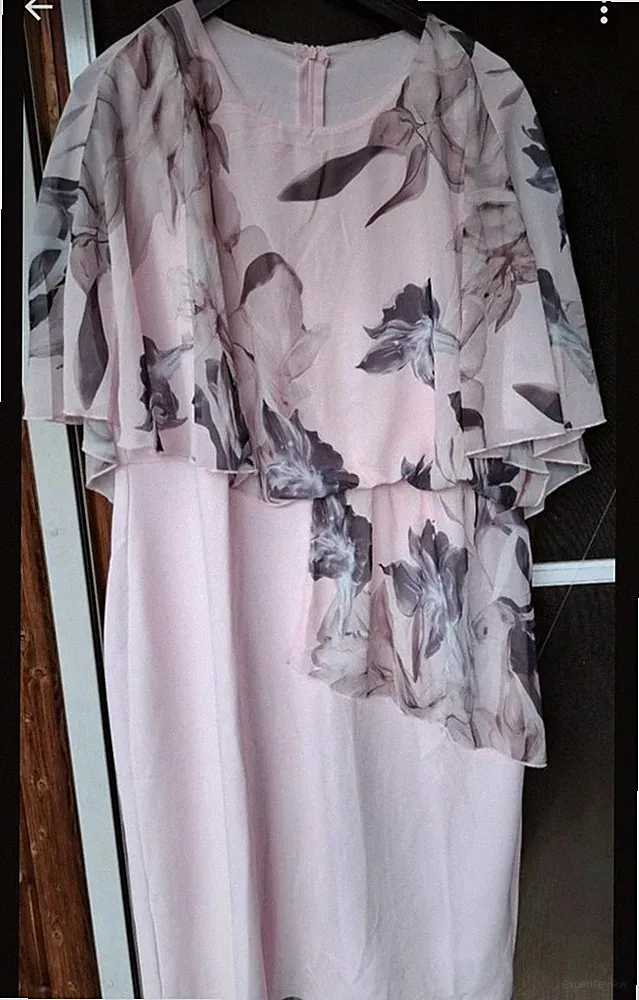 Damen Etuikleid Gr.48 rosa/mehrfarbig Blumen Chiffon-Overlay Midi Rundhals