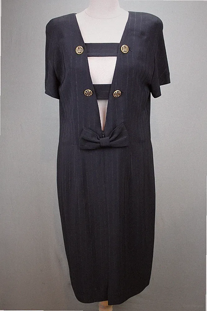 Damen Etuikleid Gr. L/XL Blau gestreift Cut-Out Schleife Kurzarm