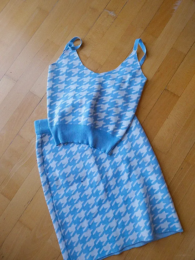 Damen Etuikleid Midi Blau/Weiß Hahnentritt V-Ausschnitt Riemchen Stretch Gr. S/M