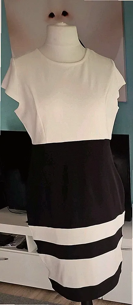 Damen Etuikleid +passendes Jäckchen knielang ohne Arm schwarz/weiß NEU