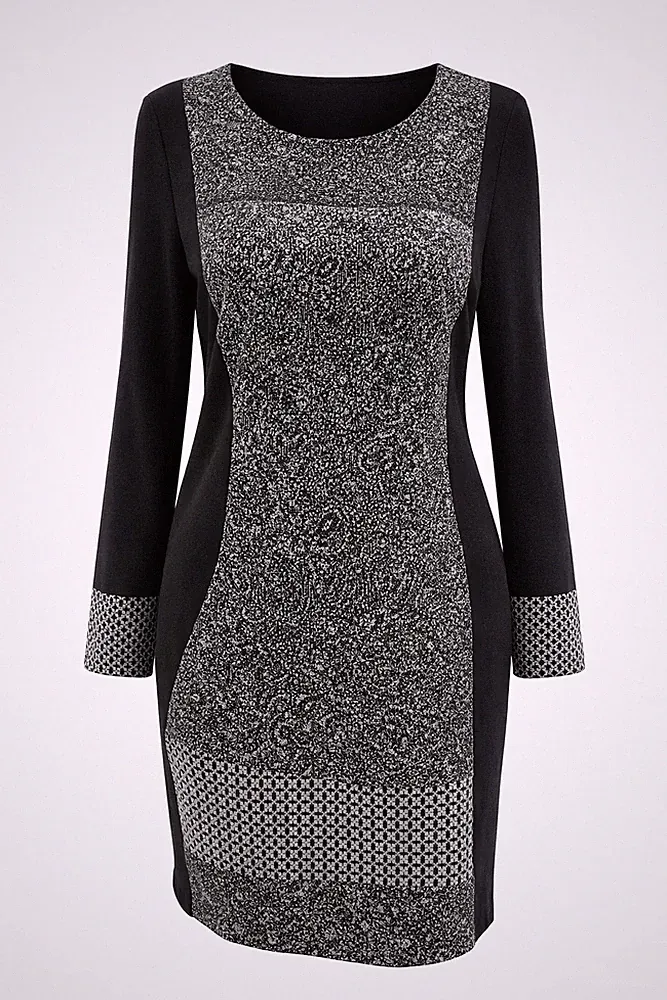 Damen Etuikleid Poly Viskose Lurex Muster Langarm Eris