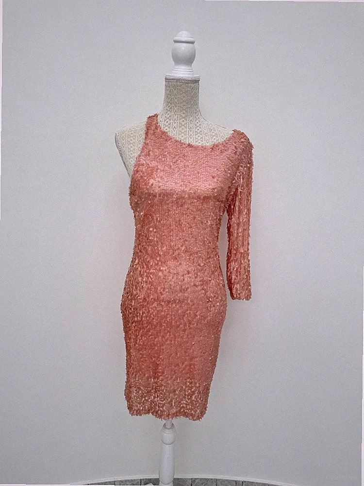 Damen Etuikleid Rosa One-Shoulder asymmetrisch 3/4 Ärmel knielang Gr. S