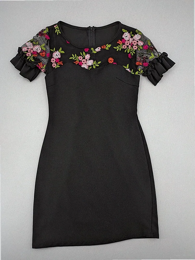 Damen Etuikleid S schwarz Cocktail Party Blumen bestickt Netz Rüschenärmel