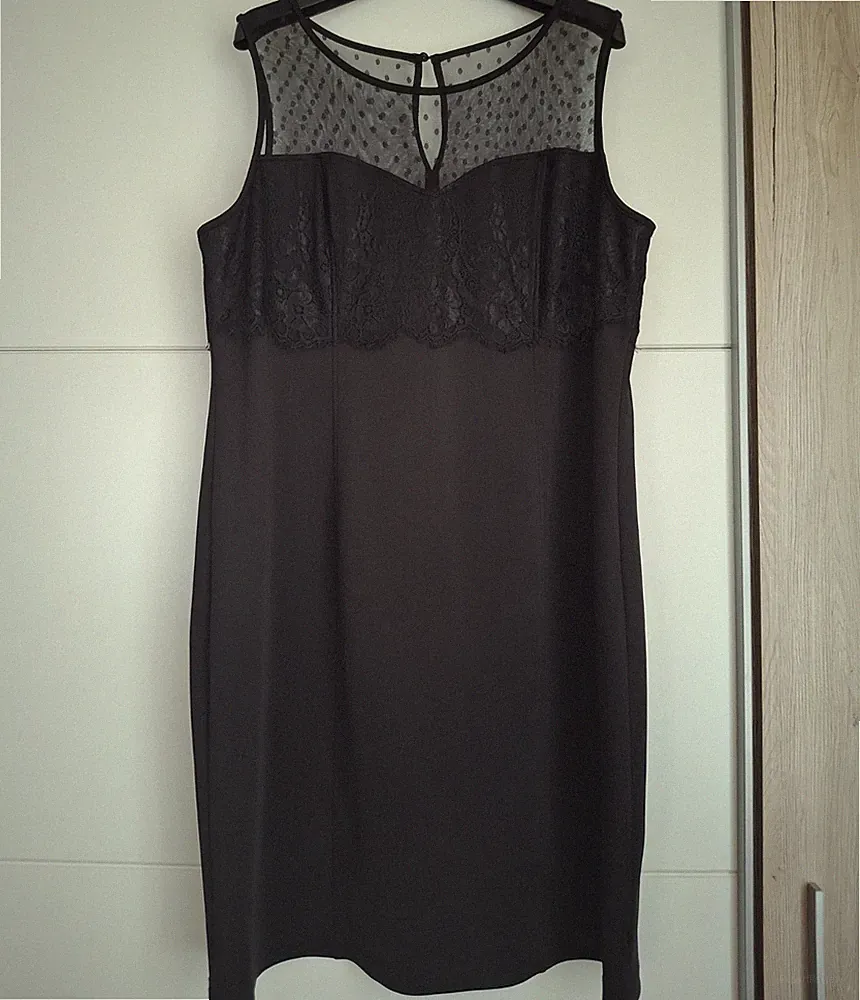 Damen Etuikleid schwarz ärmellos Spitze Mesh Gr. XL knielang Rundhals