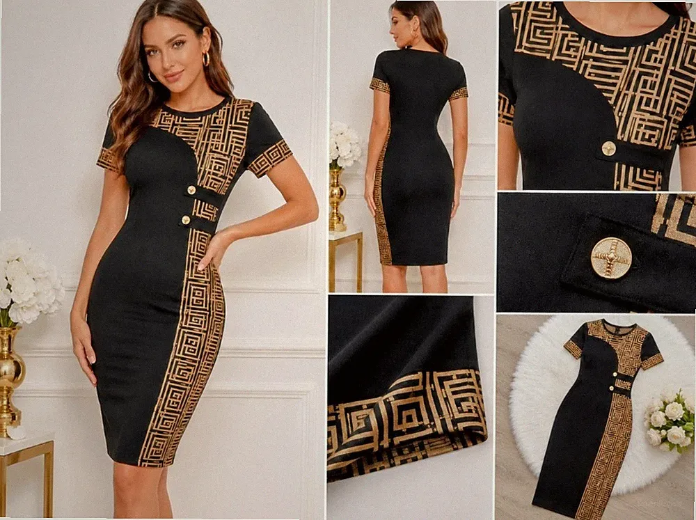 Damen Etuikleid Schwarz Gold Elegant Business Cocktailkleid Midi Kleid