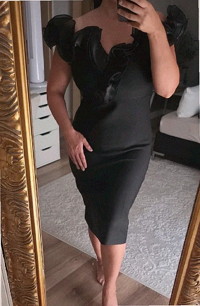 Damen Etuikleid Schwarz Midi Carmen-Ausschnitt Off-Shoulder Rüschen XL