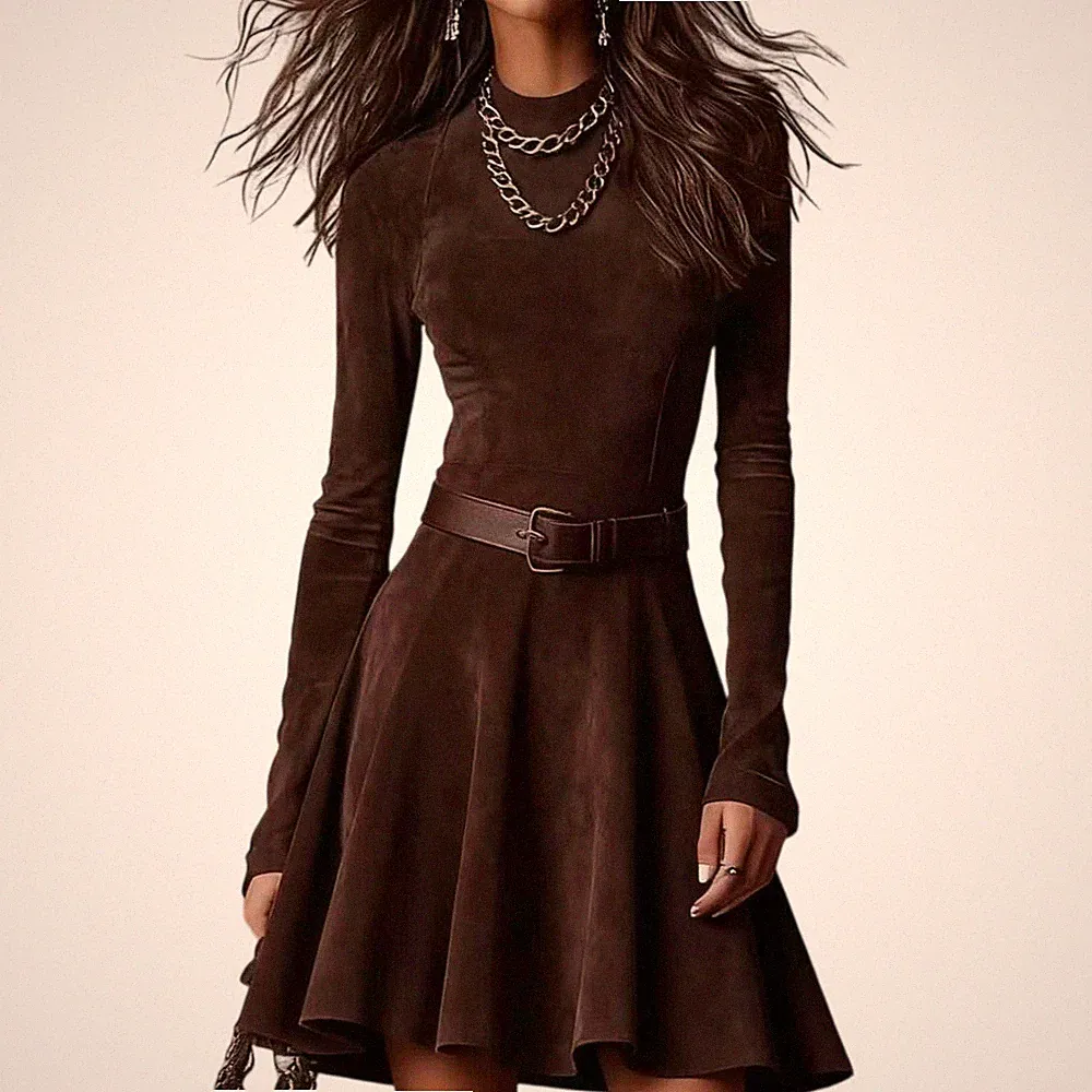 Damen Faux-Seide Kleid Stehkragen Langarm, Gürtel A-Linie Mini Herbst Winter