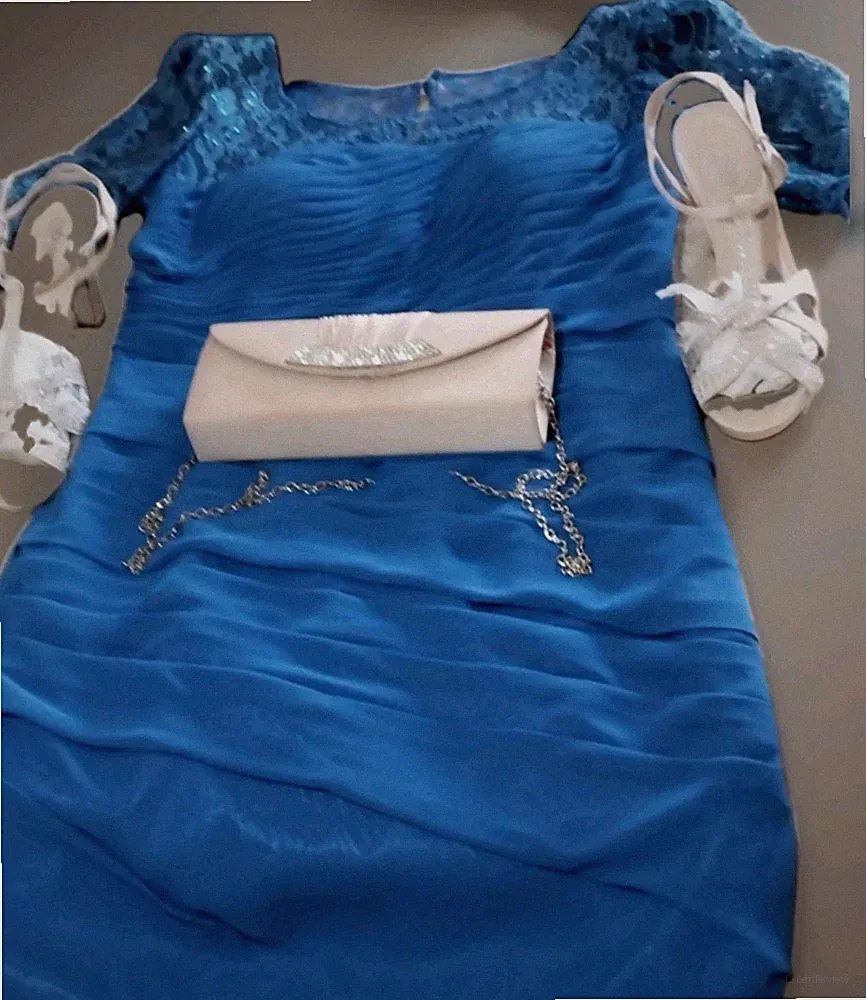 Damen Festliches Outfit Kleid Blau Elegant + Sandalen ESTRADA 40 + Pochette OBSEL