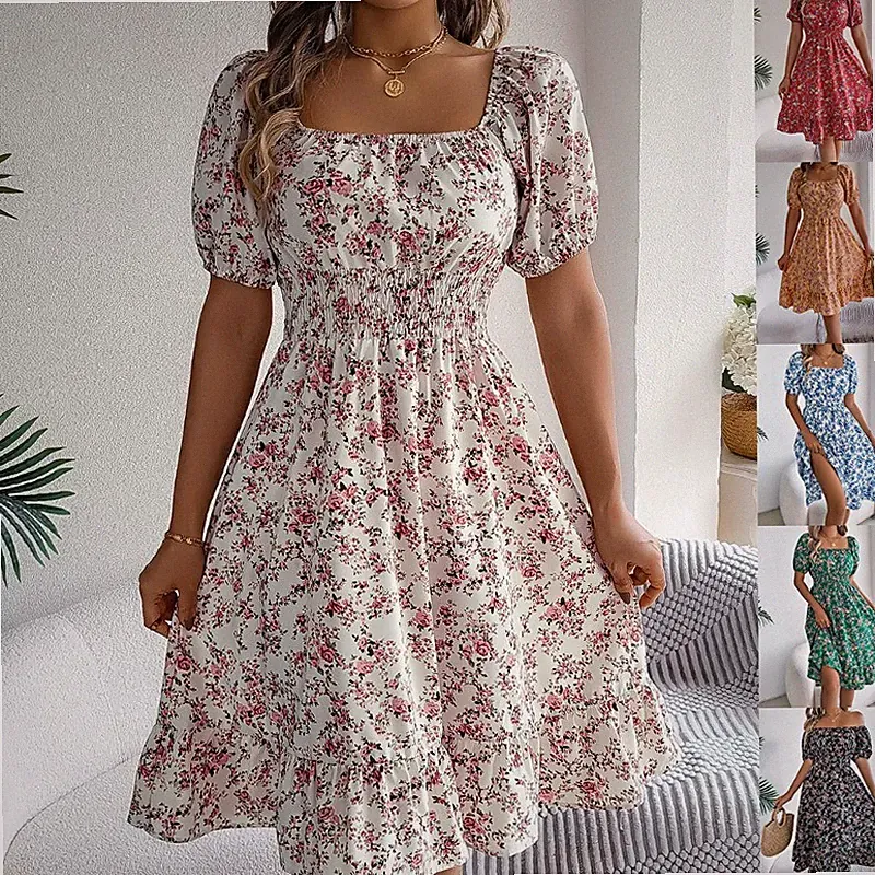 Damen Floral Midi Kleid Puffärmel Off-Shoulder Rüschen Boho Sommer Strand