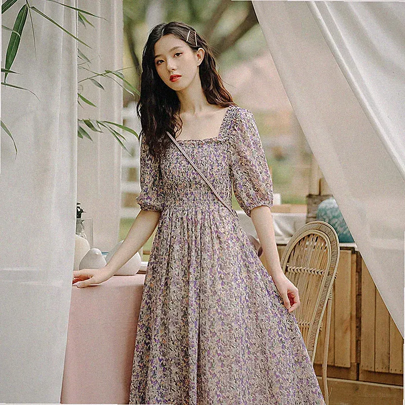 Damen Florales Chiffon Midi Tea Dress Quadratkragen Puffärmel A-Linie