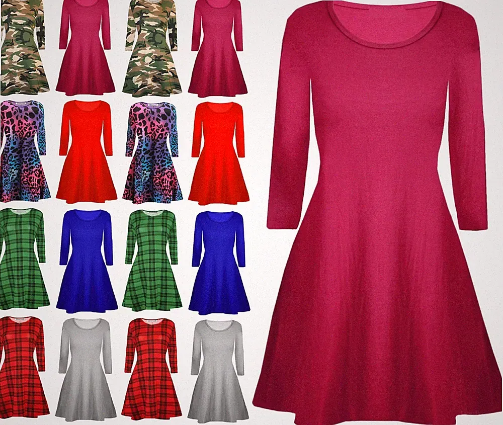 Damen Frauen Langarm Swing Kleid ausgestellt A-Linie Skaterkleid Top Größe 8-22 UK
