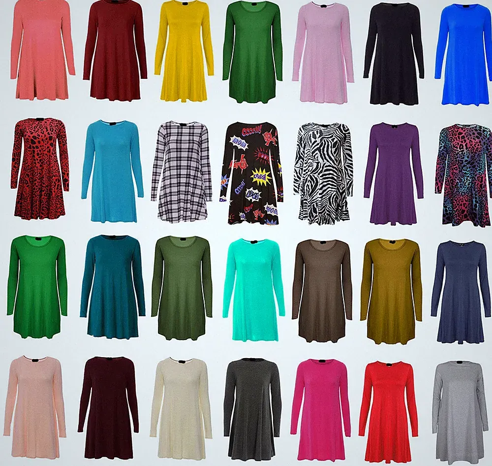 Damen Frauen Langarm Swing Kleid ausgestellt A Linie Skaterkleid Top Größe 8-26