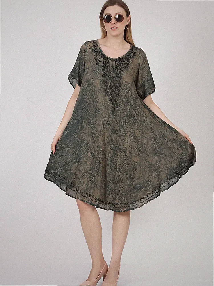 Damen Freizeit Sommer Midikleid fließend lockere Passform Batik Stickerei ver...