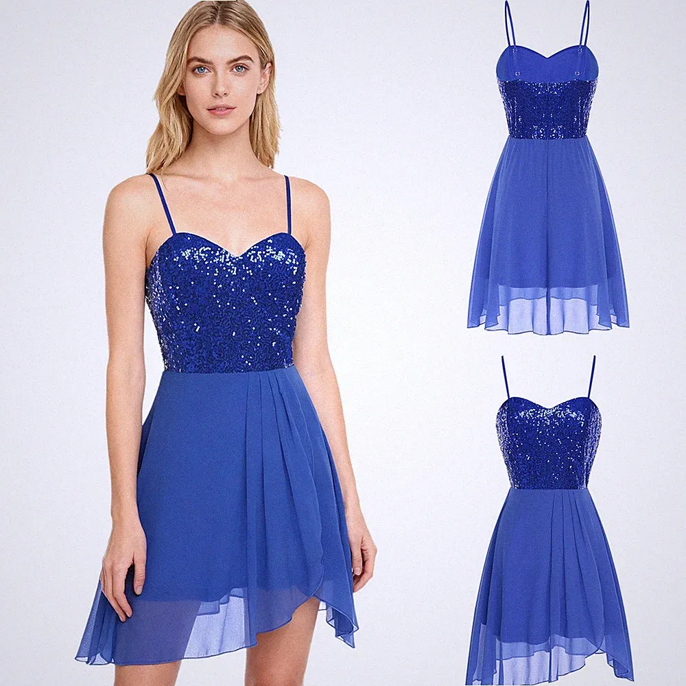 Damen Funkelnd Formell Sling-Kleid Heimkehr Paillette Spaghettiträger Party