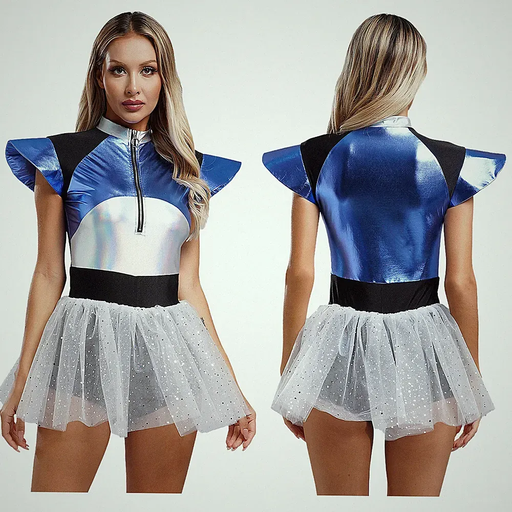 Damen Glänzend Metallic Minikleid A Linie Holografisch Faltenkleid Disco Club